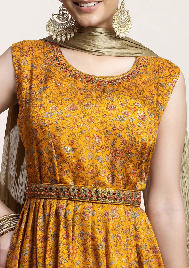 Buy Women Mustard Floral Print Embroidered Anarkali Kurta And Contrast