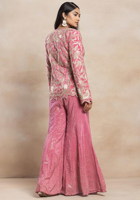 Buy Women Pink Sequin Embellished Sharara Set With Zari Embroidered