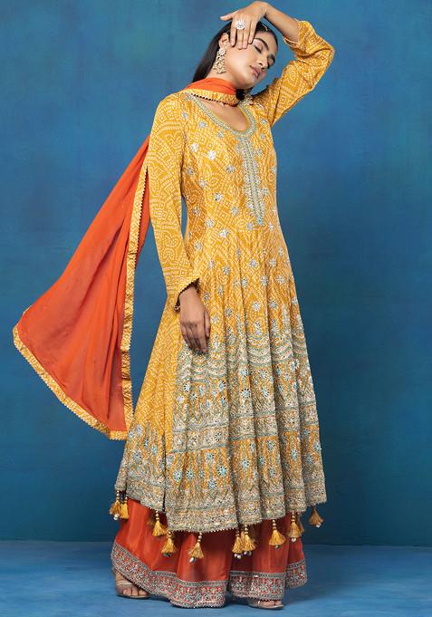 Buy Women Mustard Sequin Mirror Embroidered Printed Anarkali Kurta Set