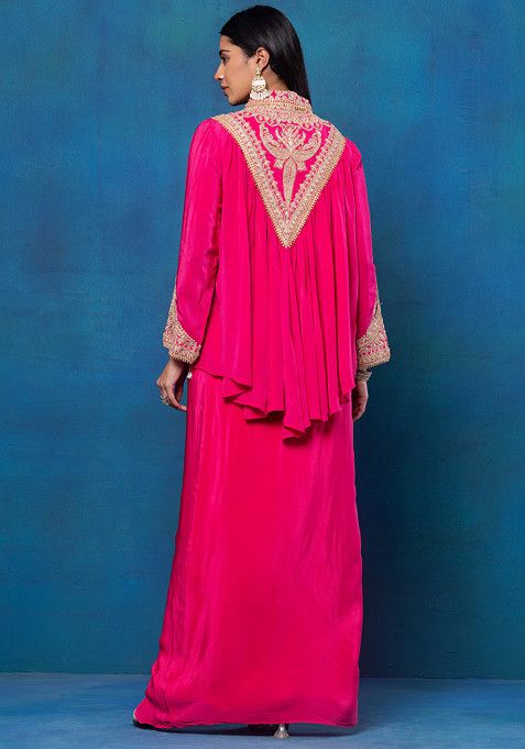 Buy Women Fuchsia Pink Sequin Zari Embroidered Kurta Set With Dhoti