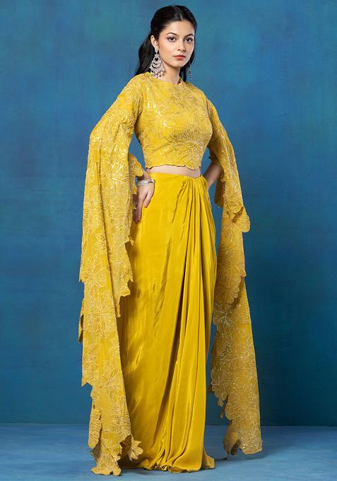 Buy Women Yellow Dhoti Skirt Set With Floral Sequin Embellished Cape