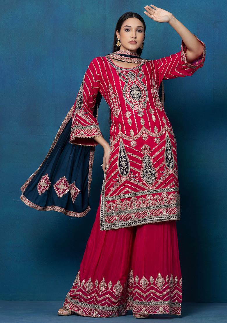 Buy Women Fuchsia Pink Embroidered Sharara Set With Paisley Zari