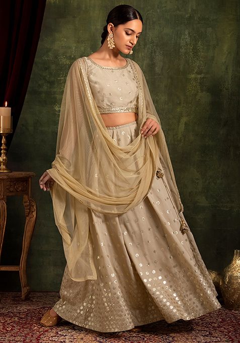 Buy Women Beige Sequin Embroidered Lehenga Set With Blouse And Dupatta