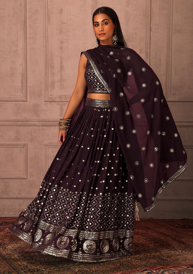 Buy Women Wine Sequin Embroidered Lehenga Set With Blouse And Dupatta