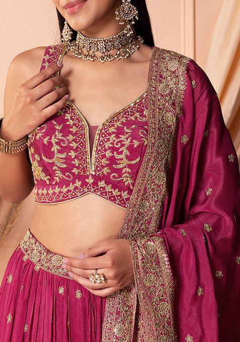 Buy Women Dark Pink Zari And Sequin Embroidered Lehenga Set With Blouse