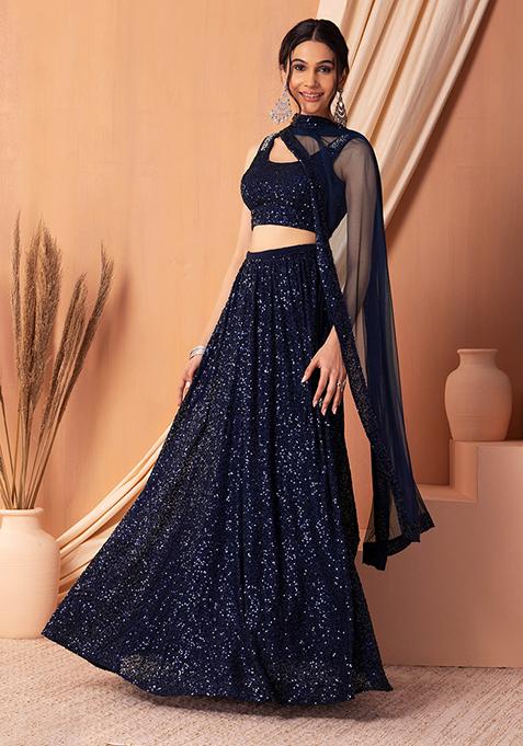 Buy Women Navy Blue Tonal Sequin Embroidered Lehenga Set With