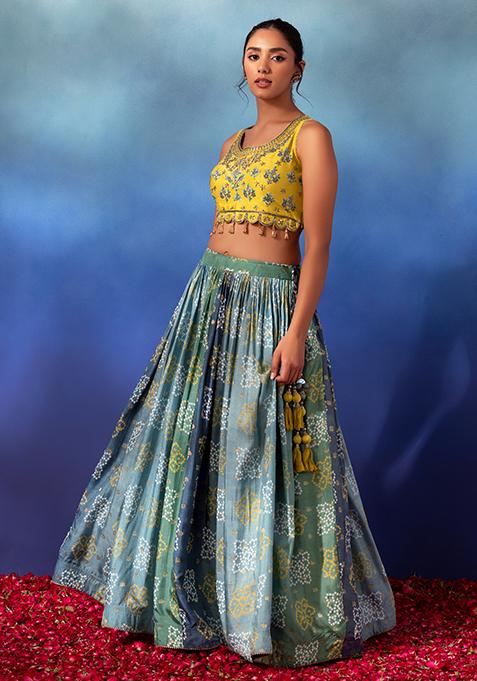 Buy Women Blue And Yellow Bandhani Print Lehenga Set With Embroidered