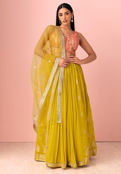 Buy Women Yellow Sequin Embroidered Lehenga Set With Contrast Blouse