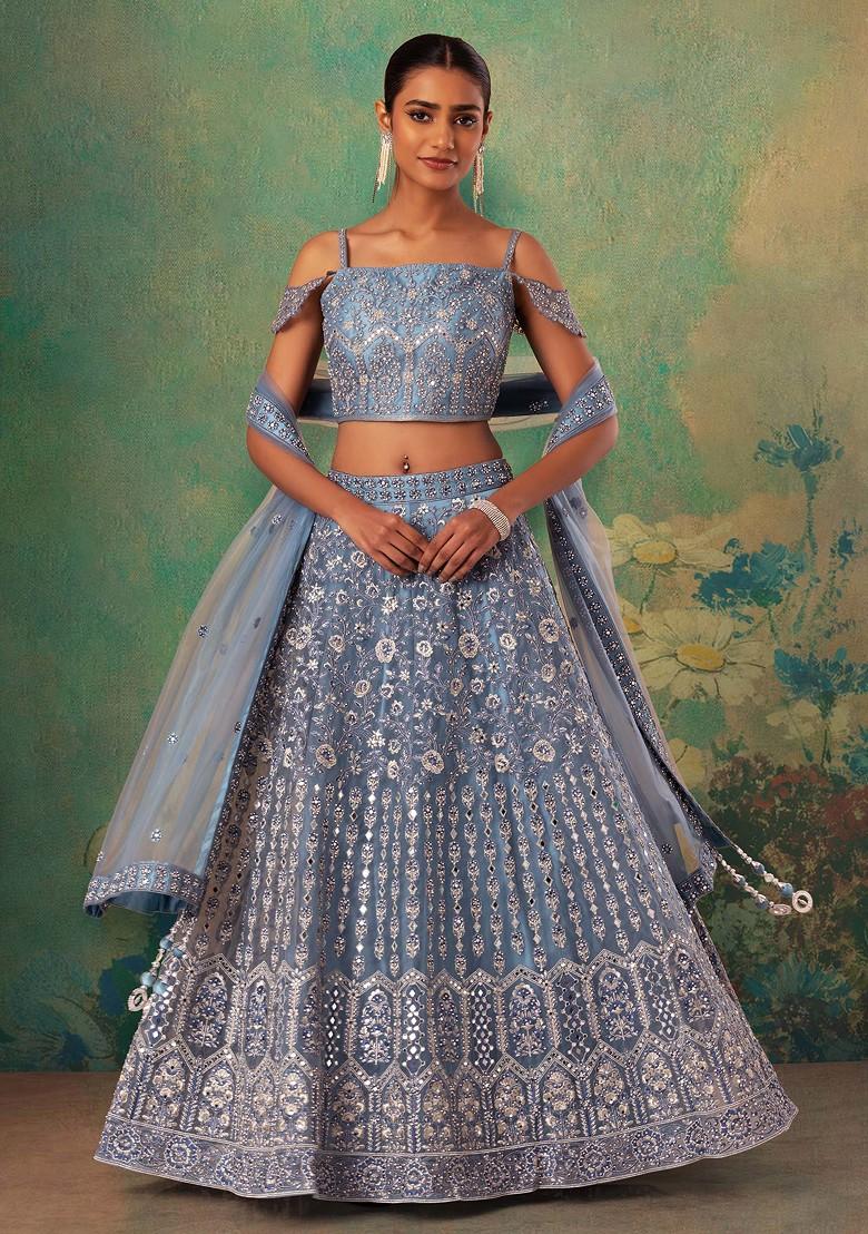 Buy Women Steel Blue Sequin Embellished Mesh Lehenga Set With