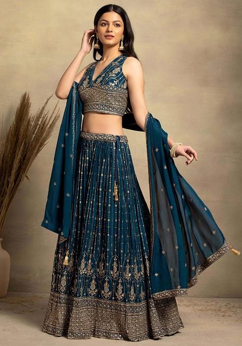 Buy Women Teal Sequin Zari Stripe Embroidered Lehenga Set With