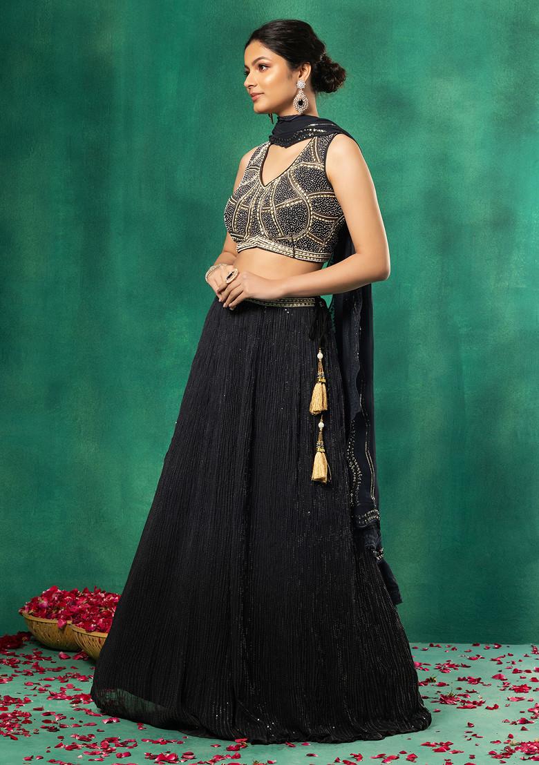 Buy Women Black Tonal Sequin Embroidered Lehenga Set With White