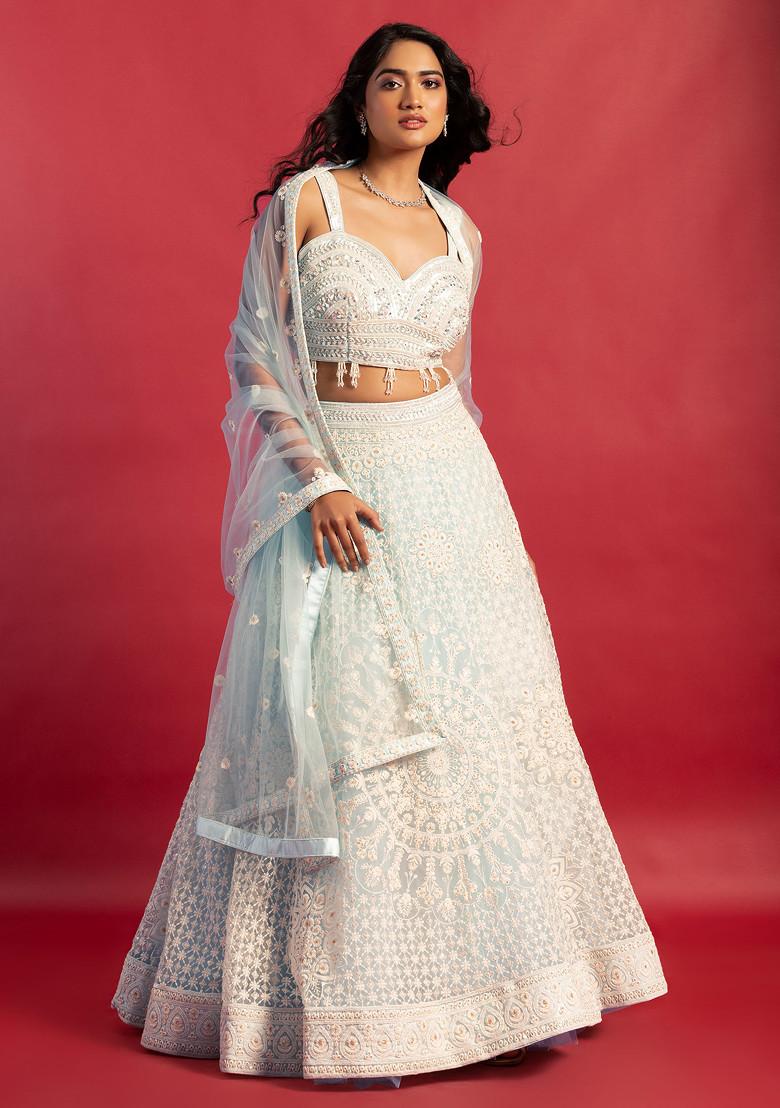 Buy Women Powder Blue Sequin Thread Embroidered Mesh Lehenga Set With