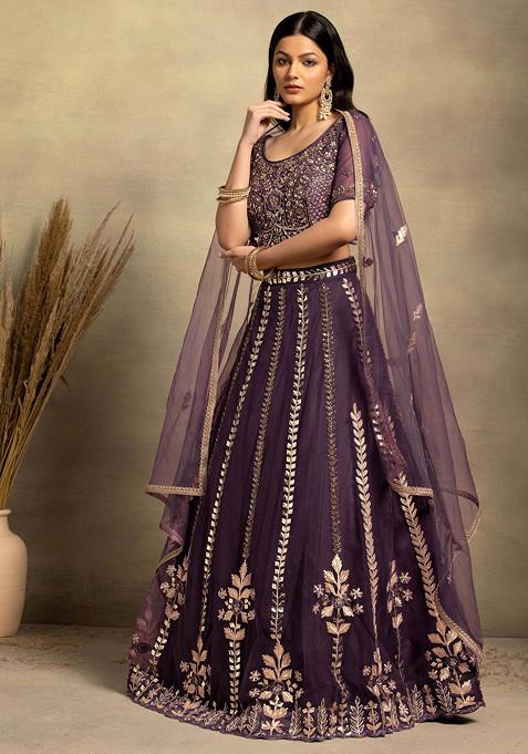 Buy Women Mauve Gota Patti Embellished Mesh Lehenga Set With