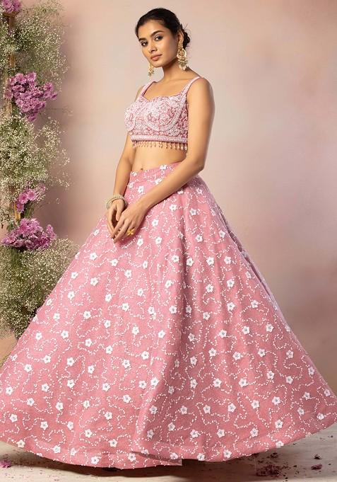 Buy Women Dull Pink Floral Sequin Embroidered Lehenga Set With