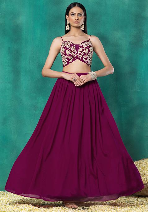 Buy Women Wine Lehenga Set With Floral Pearl Hand Embroidered Blouse