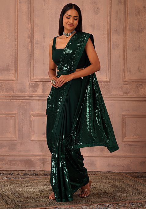 Buy Women Emerald Green Sequin Embroidered Saree Set With Stitched