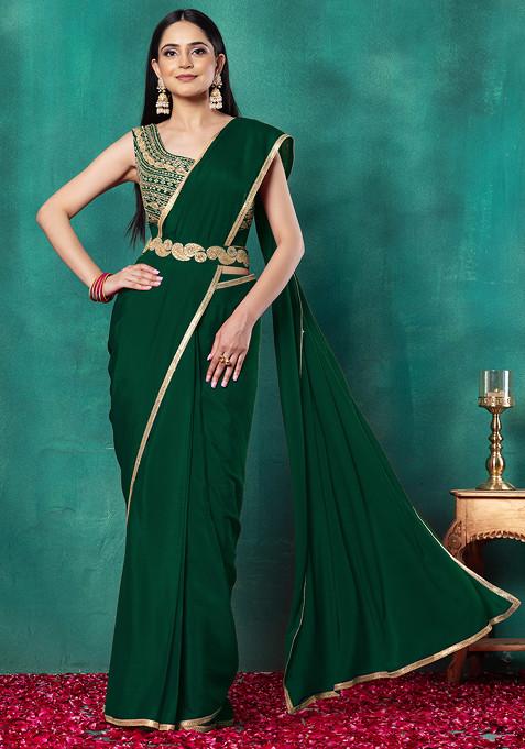 Buy Women Emerald Green Pre Stitched Saree Set With Dori Hand