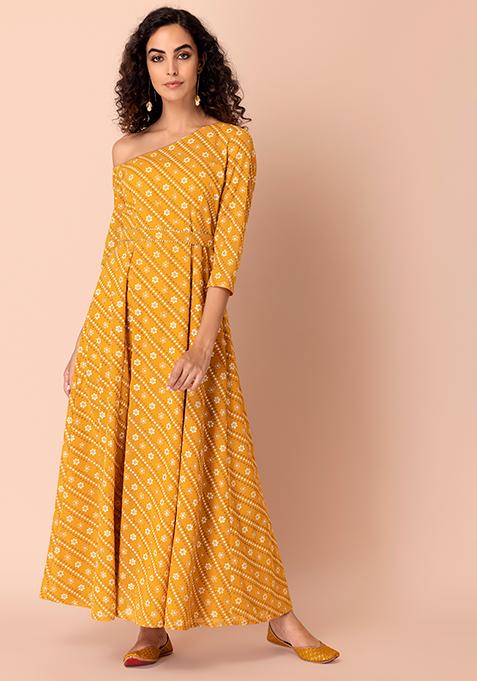 Buy Women Mustard Yellow Bandhani Print One Shoulder Anarkali Kurta