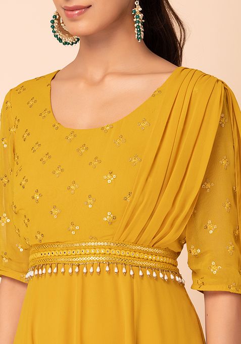 Buy Women Yellow Sequin Embroidered Kurta With Attached Dupatta And