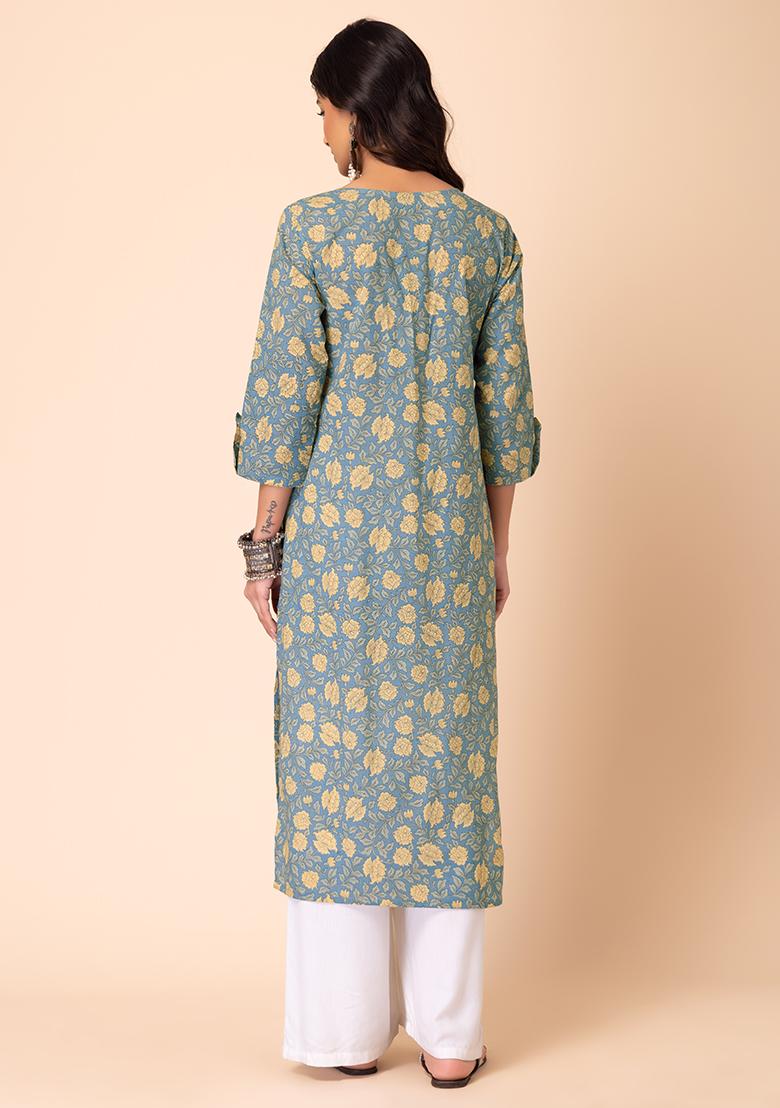 Buy Women Light Blue Floral Print Cotton Kurta Plus Size Indya