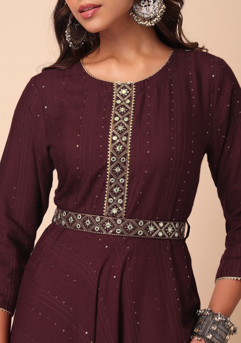 Buy Women Wine Sequin Embroidered Anarkali Kurta With Belt Kurtas Indya