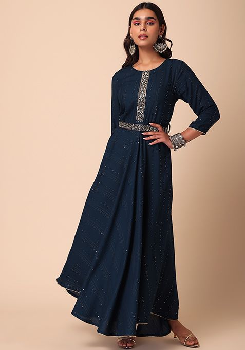 Buy Women Navy Blue Sequin Embroidered Anarkali Kurta With Belt