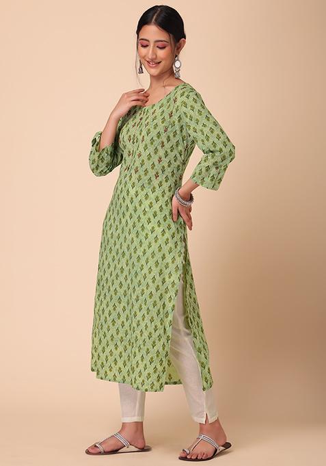 Buy Women Pastel Green Floral Boota Print Embroidered Cotton Kurta