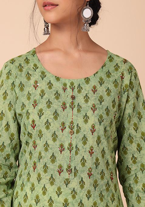 Buy Women Pastel Green Floral Boota Print Embroidered Cotton Kurta