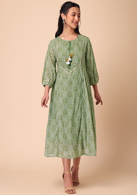 Buy Women Green Bandhani Print Embroidered Cotton Anarkali Kurta