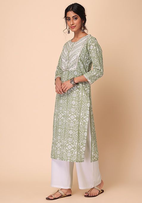 Buy Women Pastel Green Floral Jaal Print Gota Detailed Cotton Straight