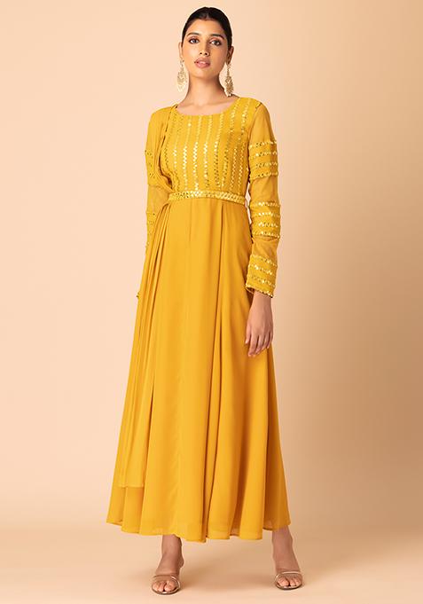 Buy Women Mustard Yellow Sequin Embroidered Anarkali Kurta With