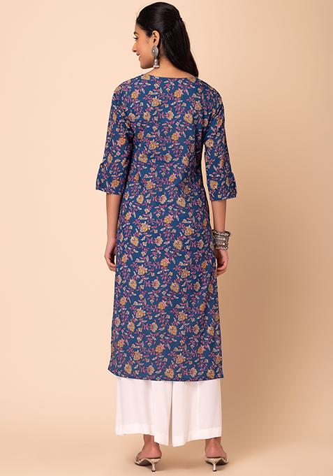 Buy Women Blue Floral Print Cotton Straight Kurta Kurta Sets Indya