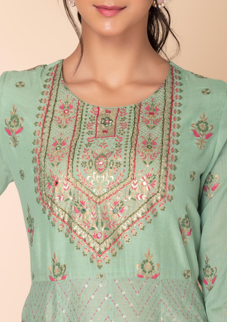 Buy Women Light Green Mughal Floral Print Cotton Anarkali Kurta