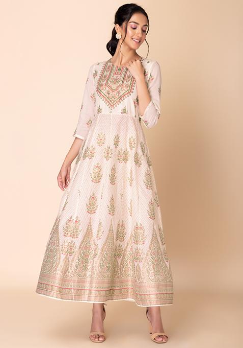 Buy Women Ivory Mughal Floral Print Cotton Anarkali Kurta Itn