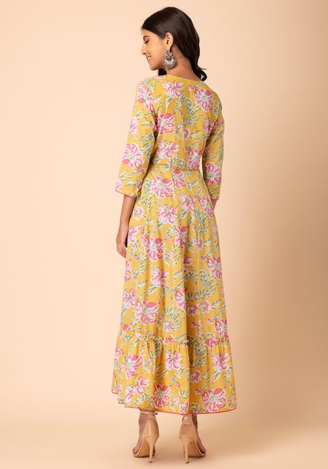 Buy Women Yellow Floral Jaal Print Embroidered Cotton Tiered Dress