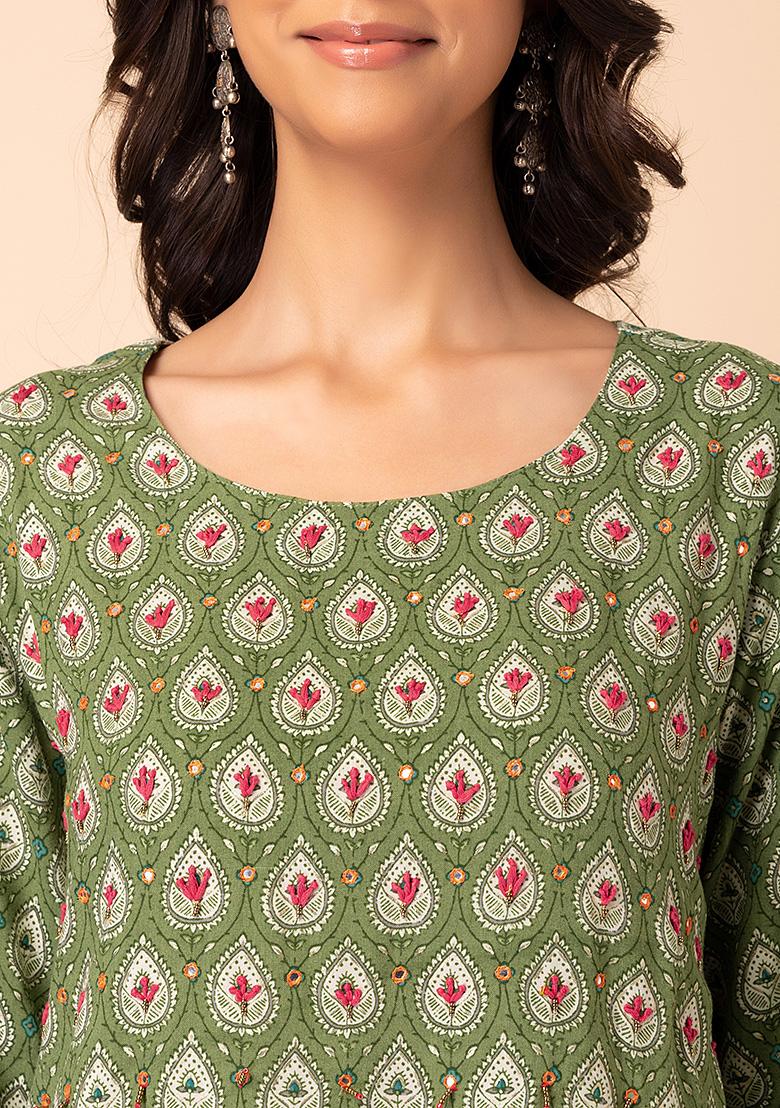 Buy Women Green Mughal Print Embroidered Cotton Kurta Everyday Ethnic