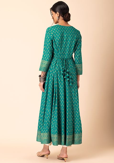 Buy Women Green Floral Foil Print Rayon Anarkali Kurta Plus Size Indya