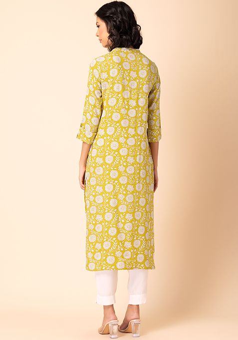 Buy Women Yellow Floral Jaal Print Rayon Kurta Aw Collection Indya