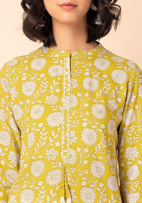 Buy Women Yellow Floral Jaal Print Rayon Kurta AW 23 Collection Indya