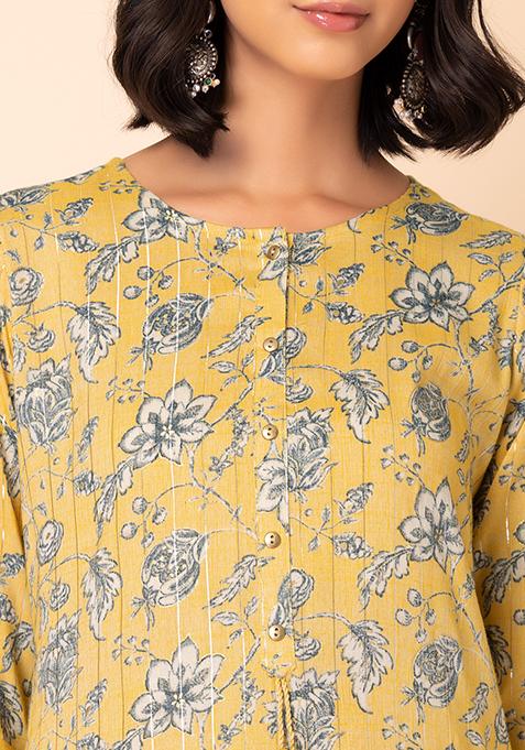 Buy Women Yellow Floral Jaal Print Rayon Straight Kurta Everyday