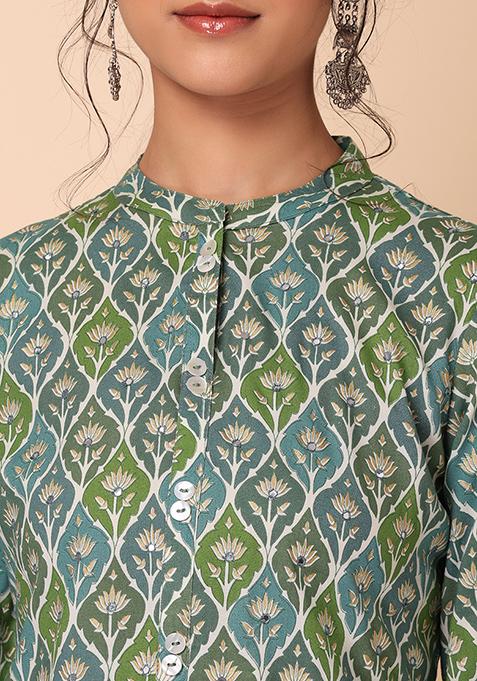 Buy Women Green Boota Print Embroidered Rayon Top Everyday Ethnic Indya