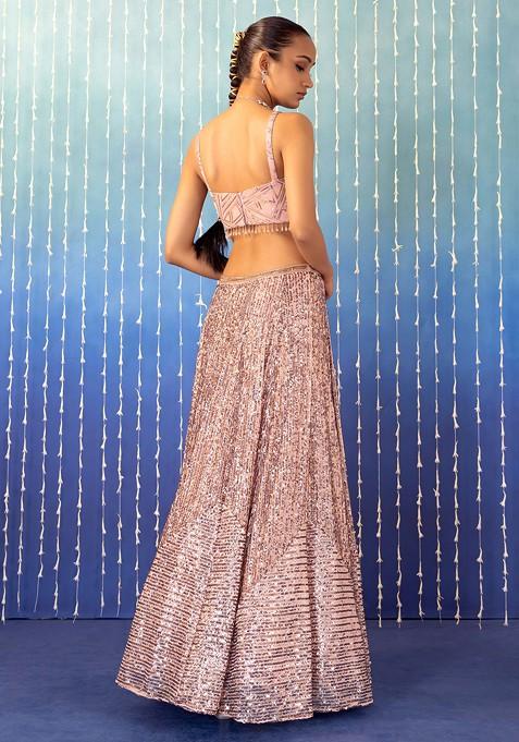 Buy Women Rose Gold Sequin Striped Embroidered Lehenga Set With Blouse