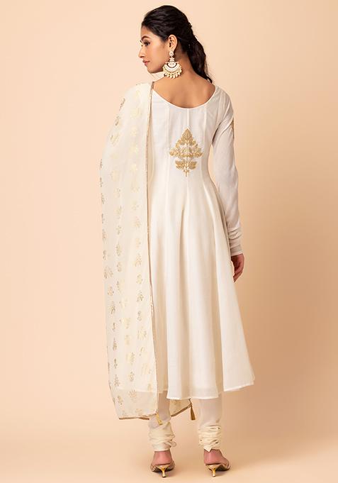 Buy Women Ivory Embroidered Anarkali Kurta With Churidar And Dupatta