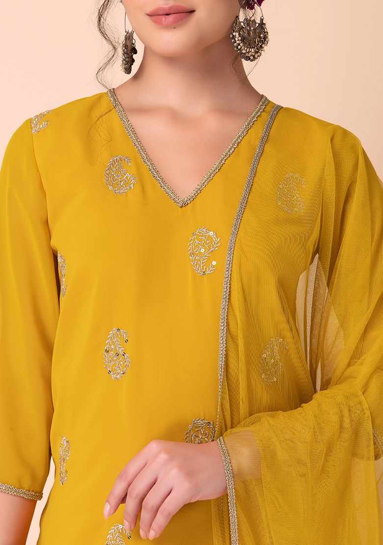 Buy Women Mustard Yellow Sequin Embroidered Kurta With Pants And