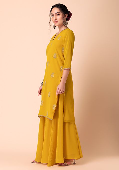 Buy Women Mustard Yellow Sequin Embroidered Kurta With Pants And