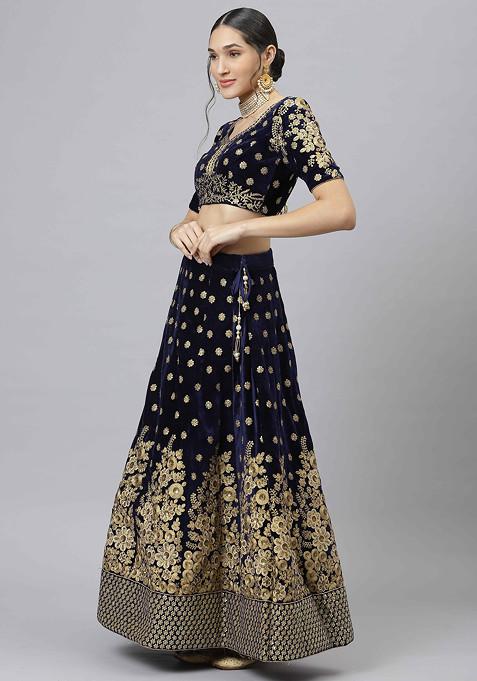 Buy Women Navy Blue Zari And Sequin Embroidered Velvet Lehenga Set