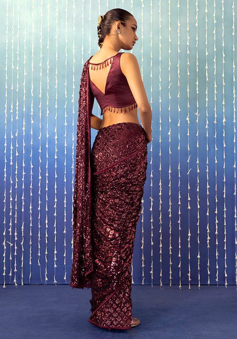 Buy Women Deep Maroon Tonal Sequin Embroidered Pre Stitched Saree Set