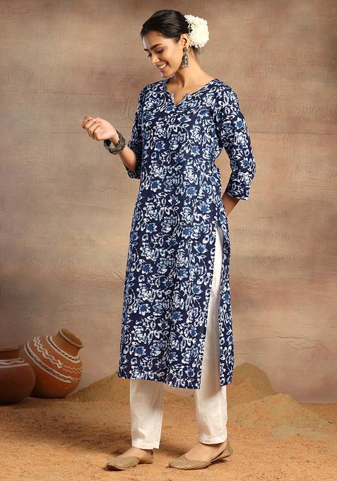 Buy Women Indigo Blue Floral Print Cotton Straight Kurta Straight