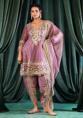 Buy Women Mauve Gota Patti And Mirror Embellished Kurta Set With Dhoti