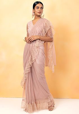 Buy Women Blush Mesh Foil Ruffled Pre Stitched Saree Without Blouse